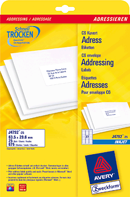 Avery Zweckform InkJet-Etiketten/J4792-25 63,5x29,6 mm weiß spezialbeschichtet Inh.675