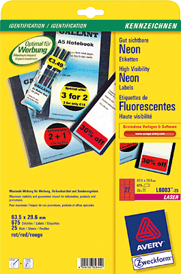 Avery Zweckform Neonrot Etiketten/L6003-25 63,5 x 29,6 mm Inh.675