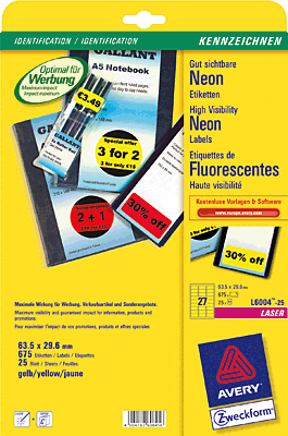 Avery Zweckform Neongelb Etiketten/L6004-25 63,5 x 29,6 mm Inh.675
