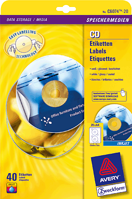 Avery Zweckform CD-Etiketten Inkjet/C6074-20 Ø117 mm weiß hochglänzend, ClassicSize Inh.40