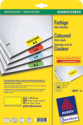 Avery Zweckform InkJet + Laser + Kopier-Etiketten/L6041-20 45,7 x 21,2 mm gelb Inh.960