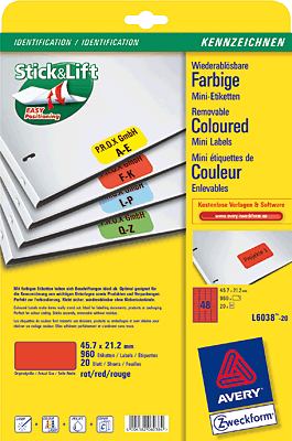 Avery Zweckform InkJet + Laser + Kopier-Etiketten/L6038-20 45,7 x 21,2 mm rot Inh.960