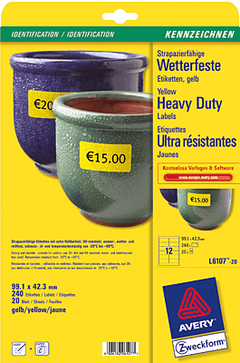 Avery Zweckform Folien-Etiketten/L6107-20 99,1 x 42,3 mm gelb Laser+kopierer Inh.240