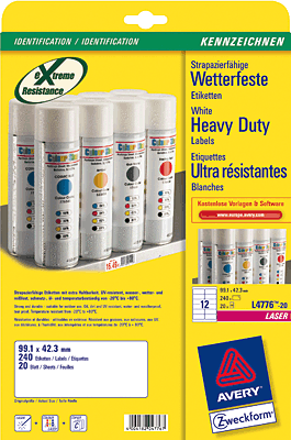 Avery Zweckform Wetterfeste Laser+Kopier-Etiketten/L4776-20 99,1 x 42,3 mm weiß Inh.240