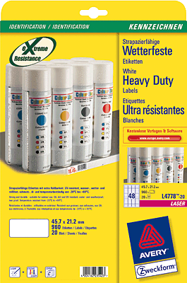 Avery Zweckform Wetterfeste Laser+Kopier-Etiketten/L4778-20 45,7x21,2 mm weiß Polyester Inh.960