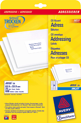 Avery Zweckform Adress-Etiketten/J8159-25 63,5x33,9 mm weiß spezialbeschichtet Inh.600