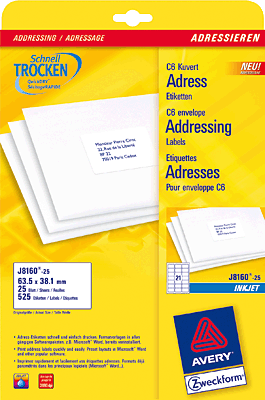 Avery Zweckform Adress-Etiketten/J8160-25 63,5x38,1 mm weiß spezialbeschichtet Inh.525