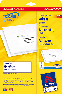 Avery Zweckform Adress-Etiketten/J8163-25 99,1x38,1 mm weiß spezialbeschichtet Inh.350