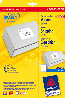 Avery Zweckform Adress-Etiketten/J8169-25 99,1x139 mm weiß spezialbeschichtet Inh.100