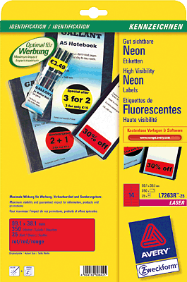Avery Zweckform Etikett/L7263R-25 99,1 x 38,1mm neonrot DIN A4 Inh.350