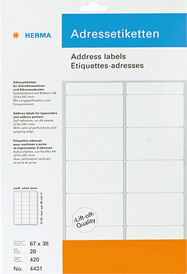 Herma Adressetiketten Bogen/4431 67 x 38 mm weiß 20 Blatt Inh.420