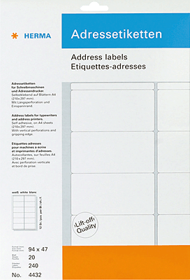 Herma Adressetiketten Bogen/4432 94 x 47 mm weiß 20 Blatt Inh.240
