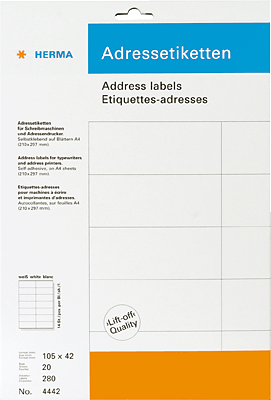 Herma Adressetiketten Bogen/4442 105 x 42 mm weiß 20 Blatt Inh.280