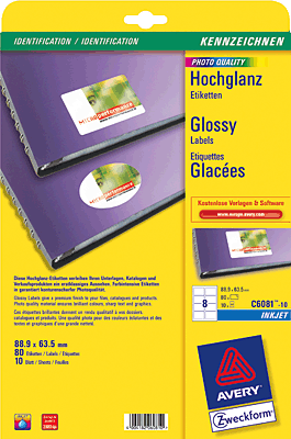 Avery Zweckform Hochglanz-Etiketten/C6081-10 88,9 x 63,5 mm weiß glänzend Inh.80