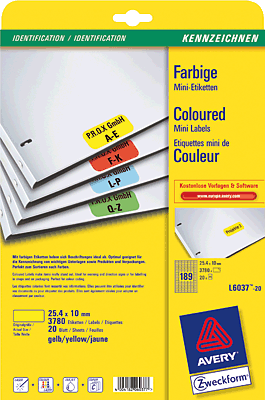 Avery Zweckform Etiketten/L6037-20 25,4 x 10,0 mm gelb Inh.3780