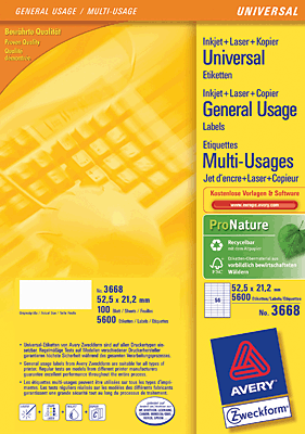 Avery Zweckform InkJet + Laser + Kopier-Etiketten/3668 52,5x21,2 mm weiß Inh.5600