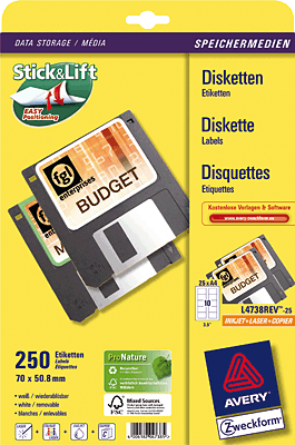 Avery Zweckform Disketten-Etiketten/L4738REV-25 70 x 50,8 mm weiß Inh.250