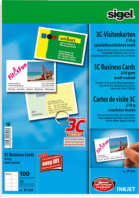 Sigel Visitenkarten 3C/IP520 85x55 mm (A4) hochweiß 210 g/qm Inh.100 ST=10 BL