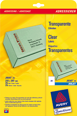 Avery Zweckform Inkjet-Etiketten/J8567-25 210x297 mm transparent Polyester Inh.25