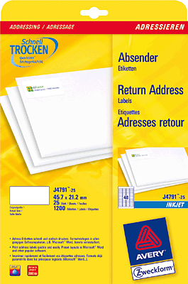 Avery Zweckform Inkjet-Etiketten/J4791-25 45,7x21,2 mm weiß spezialbeschichtet Absender-Etikett Inh.1200