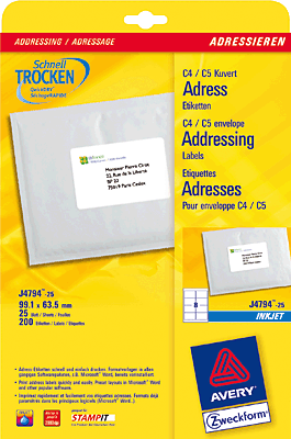 Avery Zweckform Inkjet-Etiketten/J4794-25 99,1x63,5 mm weiß spezialbeschichtet Inh.200