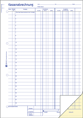 Avery Zweckform Kassenabrechnung/1757 DIN A4 hoch weiß/gelb sd/MwSt.Ein-/Ausgaben Inh.2x40 Blatt