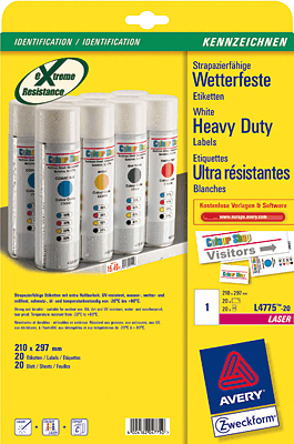 Avery Zweckform Folien-Etiketten wetterfest/L4775-20 210,0 x 297 mm weiß Inh.20