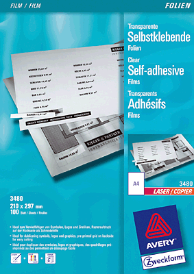 Avery Zweckform Laser + Kopier-Folien/3480 DIN A4 transparent selbstklebend Inh.100