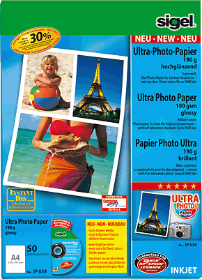 Sigel Ultra-Photo-Papier, hochglänzend/IP639 A4 superweiß 190 g/qm Inh.50